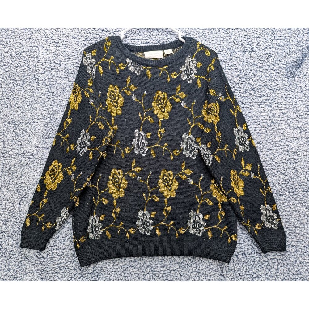 Floral Knit Sweater in Charcoal with Mustard and Light Gray